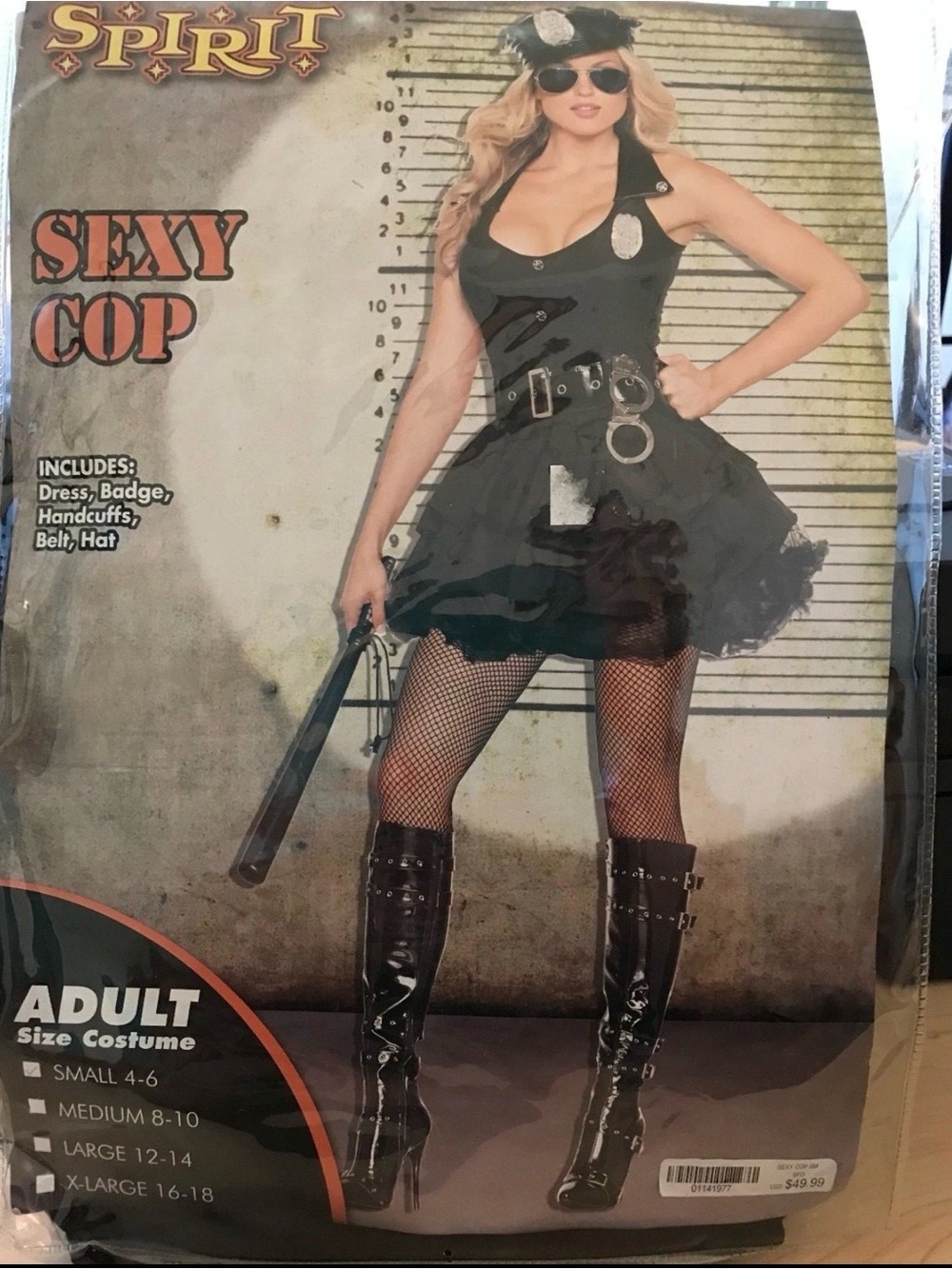 SPIRIT HALLOWEEN SEXY COP DRESS BELT BADGE HAT & CUFFS NEW IN PACKAGE SM 4-6